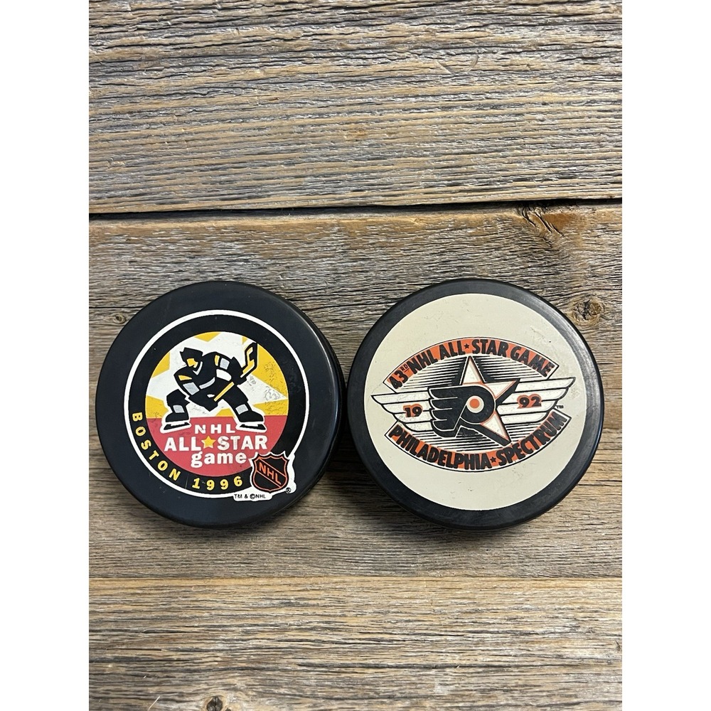 NHL Hockey Pucks Lot Of 2 All Star Game Vintage Boston Philadelphia Official